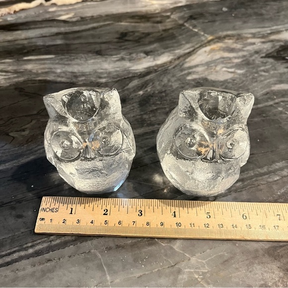 PAIR Mid Century Modern Glass Owl Candlesticks Taper Candle Holders 3” - Picture 10 of 10